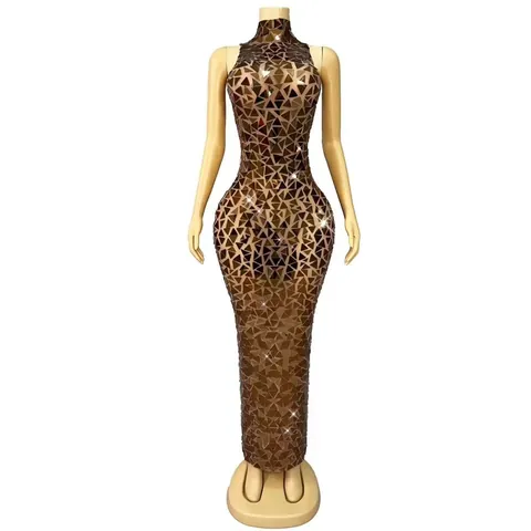 Women Sexy Bronze Sequined Maxi Dress Sleeveless Mock Neck Backless Evening Gown For Birthday Party Night Club Performance Wear