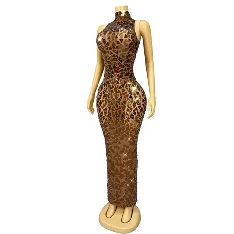 Women Sexy Bronze Sequined Maxi Dress Sleeveless Mock Neck Backless Evening Gown For Birthday Party Night Club Performance Wear
