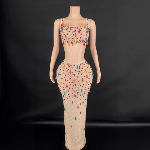 Women Sexy Rhinestone Two Piece Mesh Set Sheer Top And Bottom Long Mermaid Skirt Club Stage Dress Party Gown Outfit