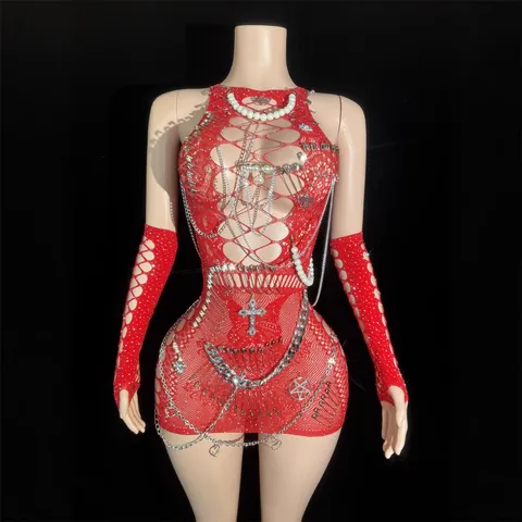 Abito Mini Rosso Punk Hollow Out Con Catene In Metallo Spille E Perle Artificiali Gothic Halter Neck Slim Fit Top And Bottom Set Con Manicotti Donna Clubwear Abito Moda Festa