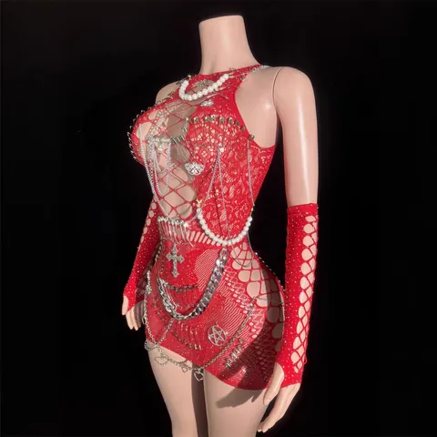 Abito Mini Rosso Punk Hollow Out Con Catene In Metallo Spille E Perle Artificiali Gothic Halter Neck Slim Fit Top And Bottom Set Con Manicotti Donna Clubwear Abito Moda Festa