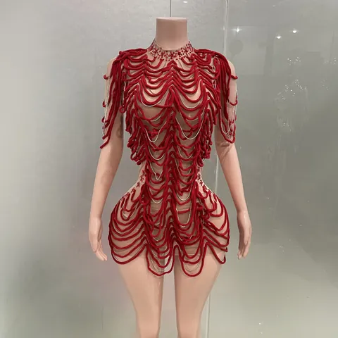 Women Sexy 3D Wavy Spandex Mini Dress With Rhinestone And Chain Decoration Sleeveless Clubwear Performance Costume Top And Bottom