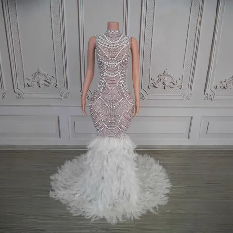 Luxury Rhinestone Feather Evening Gown For Women Mock Neck Sleeveless Fishtail Dress For Party Banquet Host Elegant Gown