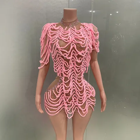 Women Sexy 3D Wavy Spandex Mini Dress With Rhinestone And Chain Decoration Sleeveless Clubwear Performance Costume Top And Bottom