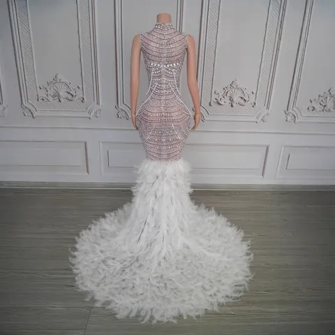 Luxury Rhinestone Feather Evening Gown For Women Mock Neck Sleeveless Fishtail Dress For Party Banquet Host Elegant Gown