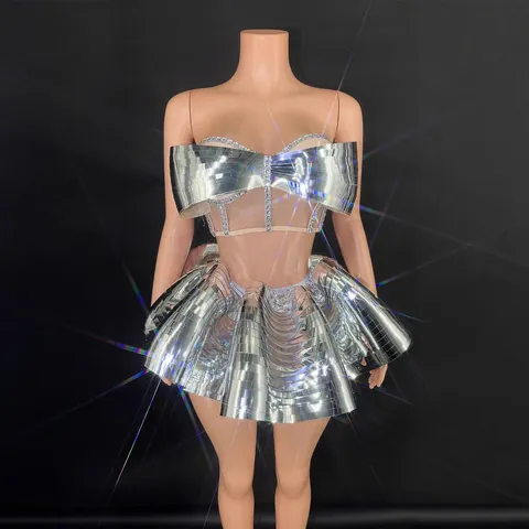 Women Sexy Stage Performance Set Mirror Polyester Rhinestone Tube Top And Mini Skirt Clubwear Nightclub Party Stage Wear