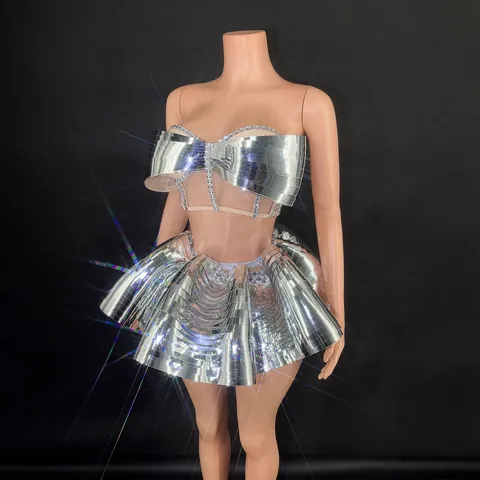 Women Sexy Stage Performance Set Mirror Polyester Rhinestone Tube Top And Mini Skirt Clubwear Nightclub Party Stage Wear
