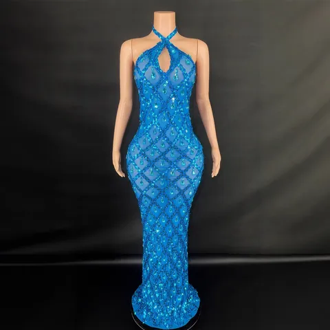 Women Sexy Halter Neck Backless Rhinestone Sequin Maxi Dress Sleeveless Hollow Out Evening Gown For Pageant Party Top And Bottom