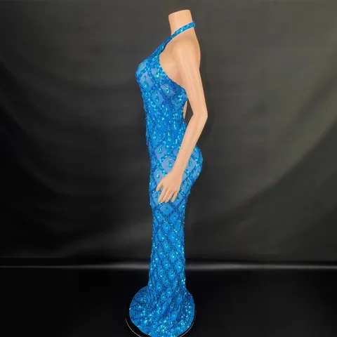 Women Sexy Halter Neck Backless Rhinestone Sequin Maxi Dress Sleeveless Hollow Out Evening Gown For Pageant Party Top And Bottom