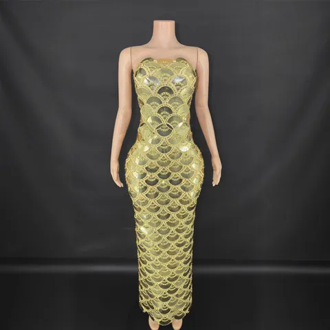 Women Elegant Strapless Sequin Maxi Dress Heavy Fish Scale Bodycon Sleeveless Party Evening Banquet Gown