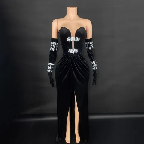 Women Sexy V-Neck Strapless Evening Dress With Rhinestone Flower Elegant High Slit Spandex Maxi Dress For Banquet Party Performance