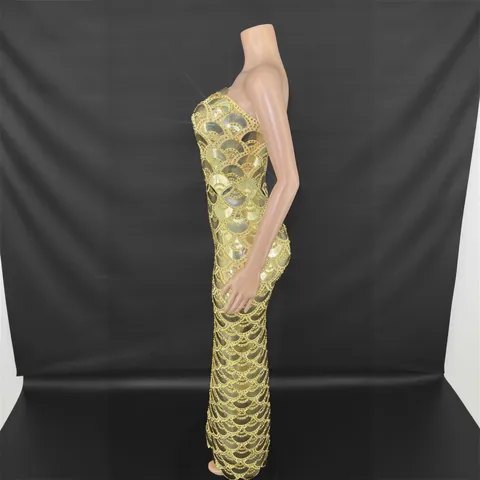 Women Elegant Strapless Sequin Maxi Dress Heavy Fish Scale Bodycon Sleeveless Party Evening Banquet Gown
