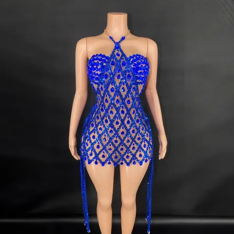 Sexy Halter Rhinestone Sequin Bodycon Mini Dress For Women Sparkling Mesh Cut-out Nightclub Stage Performance Party Dress Backless Skirt