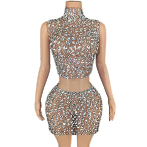 Women's Sexy Mock Neck Sleeveless Rhinestone Crop Top And Mini Skirt Two Piece Set Glam Mesh Bodycon Party Outfit Top And Bottom