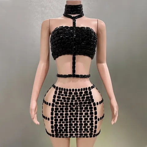 Women Halter Backless Rhinestone Mini Top And Bottom Set Sexy Black Nightclub Party Slim Fit Polyester Two-Piece Outfit