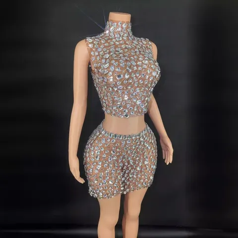 Women's Sexy Mock Neck Sleeveless Rhinestone Crop Top And Mini Skirt Two Piece Set Glam Mesh Bodycon Party Outfit Top And Bottom