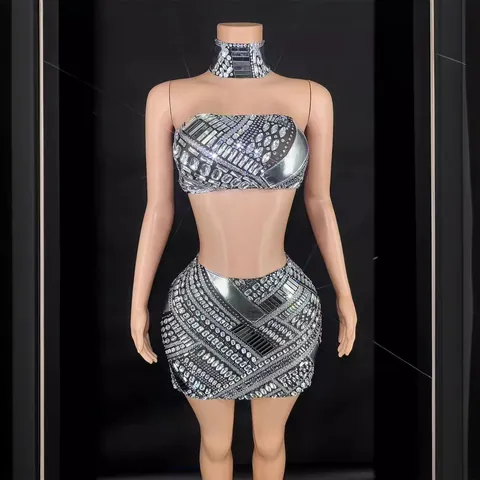 Women Sexy Rhinestone Skirt Set Strapless Crop Top And High Waist Bodycon Mini Skirt With Choker Sparkly Party Club Outfit