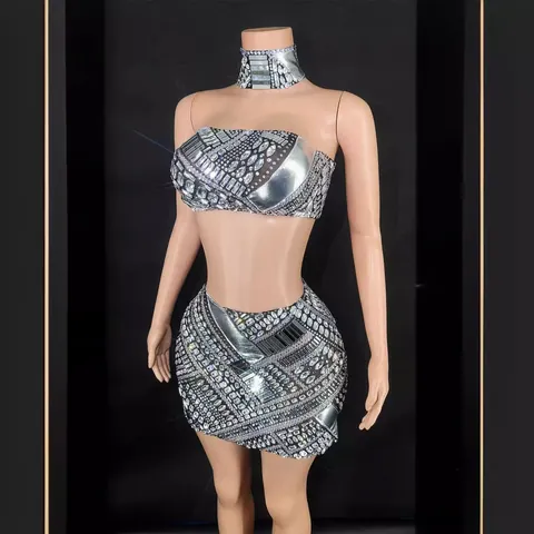 Women Sexy Rhinestone Skirt Set Strapless Crop Top And High Waist Bodycon Mini Skirt With Choker Sparkly Party Club Outfit