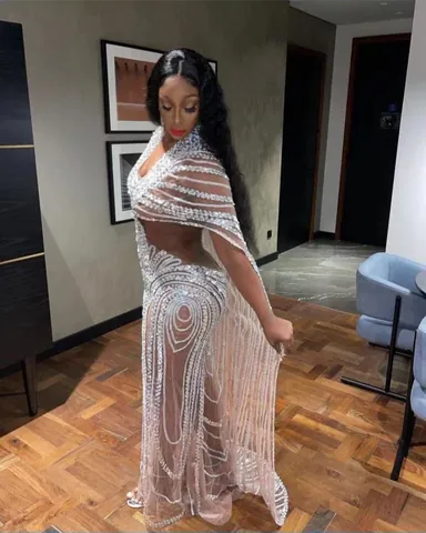 Sexy Transparent Mesh Bodycon Dress For Women Elegant Cape Sleeve Rhinestone Birthday Party Banquet Evening Gown Dress