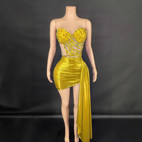 Women Sexy Rhinestone Bandeau Crop Top And Pleated Mini Skirt Top And Bottom Slim Fit Polyester Metallic Luster Party Clubwear