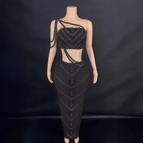 Women Sexy Rhinestone Bodycon Skirt Set Backless Tube Top And Maxi Skirt Two Piece Set For Nightclub Party Performance