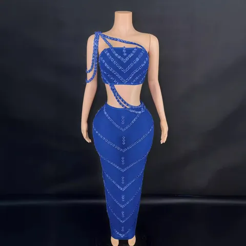 Women Sexy Rhinestone Bodycon Skirt Set Backless Tube Top And Maxi Skirt Two Piece Set For Nightclub Party Performance