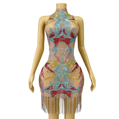 Mock Neck Colorful Rhinestone Fringe Bodycon Dress Women Elegant Mesh Sequin Mini Party Evening Gown Sleeveless Dress