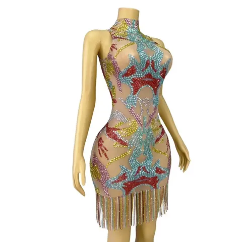 Mock Neck Colorful Rhinestone Fringe Bodycon Dress Women Elegant Mesh Sequin Mini Party Evening Gown Sleeveless Dress