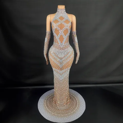 Women Halter Neck Rhinestone Evening Gown Elegant Floor Length Dress With Matching Gloves For Party Banquet Celebrity Wedding