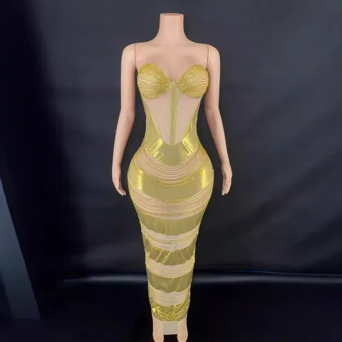 Women Sexy Off Shoulder Rhinestone Bodycon Evening Gown Backless V Neck Striped Mesh Splicing Slim Fit Long Dress Party Prom Gown