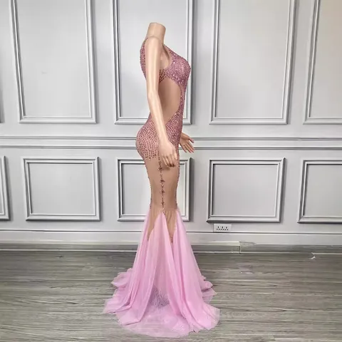Women Deep V Fishtail Slim Sequin Rhinestone Long Dress Stage Performance Drag Queen Red Carpet Gown With Cape