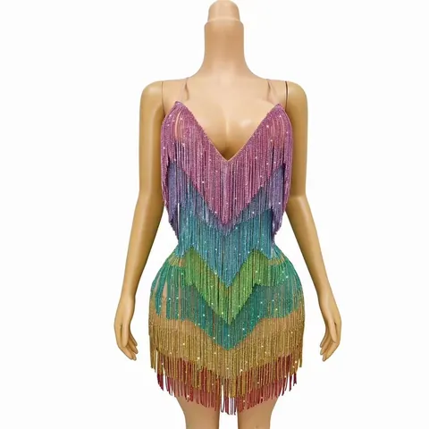 Rainbow Rhinestone Fringe Mini Dress For Women Backless V-Neck Sling Party Top And Bottom Tassel Slim Fit Sparkling Clubwear Cocktail Gown