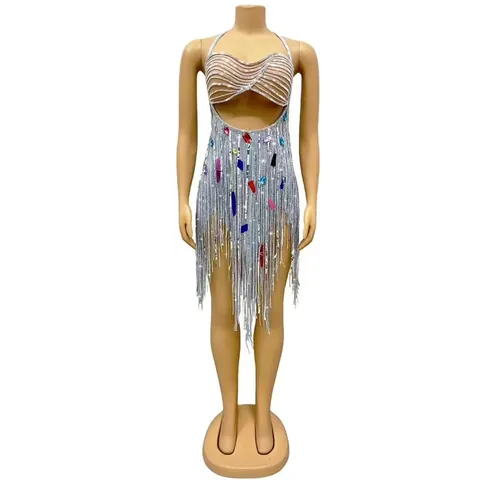 Sexy Halter Backless Tassel Mini Dress Women Rhinestone Fringe Bodycon Party Clubwear Top And Bottom Evening Gown Dress