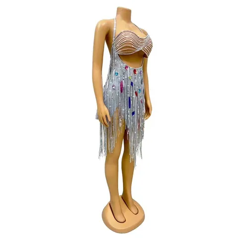 Sexy Halter Backless Tassel Mini Dress Women Rhinestone Fringe Bodycon Party Clubwear Top And Bottom Evening Gown Dress
