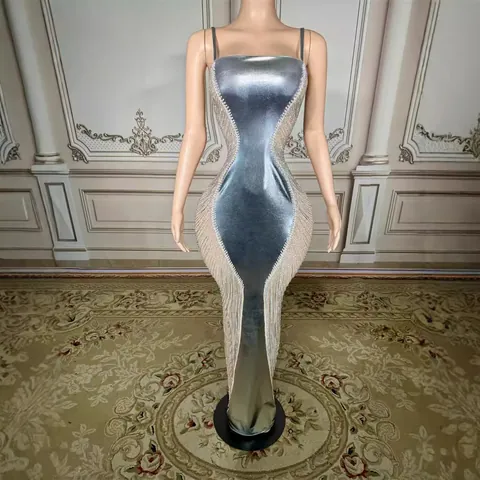 Damen Silber Pailletten Abschlussballkleid Glänzend Strass Quasten Lang Abendkleid Elegant Rückenfrei Spaghetti-Träger
