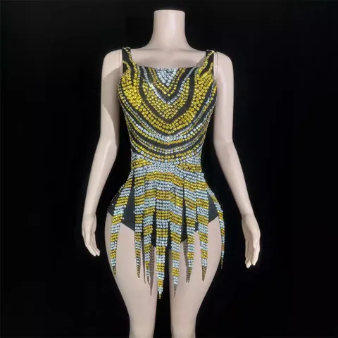 Women Sexy Backless V-Neck Rhinestone Fringe Mini Dress Slim Fit Black Gold Silver Evening Party Gown Stage Clothing