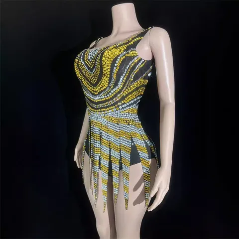 Women Sexy Backless V-Neck Rhinestone Fringe Mini Dress Slim Fit Black Gold Silver Evening Party Gown Stage Clothing