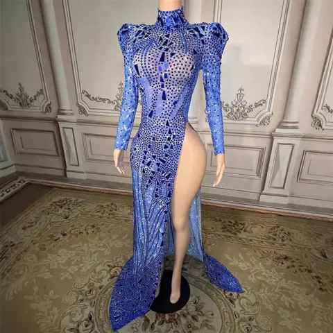 Women's Sequined Rhinestone Mock Neck Evening Gown High Split Long Sleeve Bodycon Maxi Dress For Party Banquet Prom