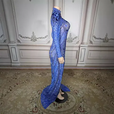 Women's Sequined Rhinestone Mock Neck Evening Gown High Split Long Sleeve Bodycon Maxi Dress For Party Banquet Prom