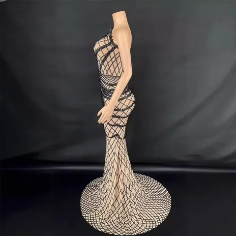 Women Sexy One Shoulder Backless Rhinestone Floor-Length Dress Slim Fit Sleeveless Geometric Lattice Prom Evening Gown