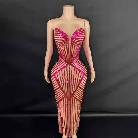 Women Strapless Fishbone Slim Bodycon Maxi Evening Dress Metallic Stripe Mesh Patchwork Elegant Party Formal Gown