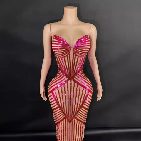 Women Strapless Fishbone Slim Bodycon Maxi Evening Dress Metallic Stripe Mesh Patchwork Elegant Party Formal Gown
