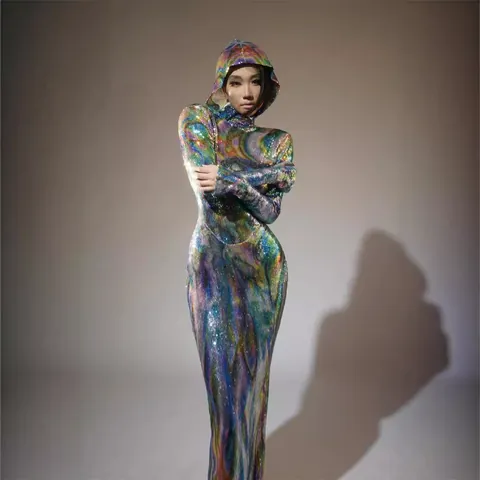 Women Sexy Backless Hooded Maxi Dress Colorful Iridescent Print Slim Fit Bodycon Long Sleeve Evening Party Banquet Dress