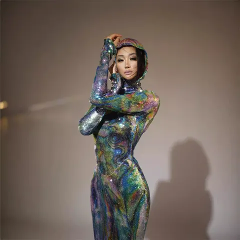 Women Sexy Backless Hooded Maxi Dress Colorful Iridescent Print Slim Fit Bodycon Long Sleeve Evening Party Banquet Dress