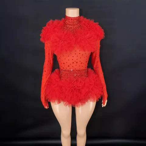 Women Glamorous Rhinestone Tulle Romper Bodysuit High Neck Long Sleeve Mesh Patchwork Sexy Stage Performance Outfit Top And Bottom