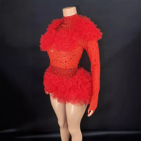 Women Glamorous Rhinestone Tulle Romper Bodysuit High Neck Long Sleeve Mesh Patchwork Sexy Stage Performance Outfit Top And Bottom
