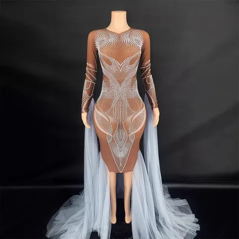 Elegant Polyester Rhinestone Stage Performance Dress Long Sleeve Tulle Tail Patchwork Banquet Party Evening Gown For Women