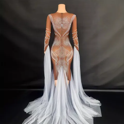 Elegant Polyester Rhinestone Stage Performance Dress Long Sleeve Tulle Tail Patchwork Banquet Party Evening Gown For Women