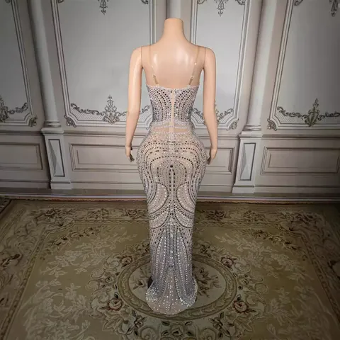 Women Luxury Heavy Work Rhinestone Slim Fit Evening Dress Sexy Spaghetti Strap Mesh Banquet Party Performance Long Gown