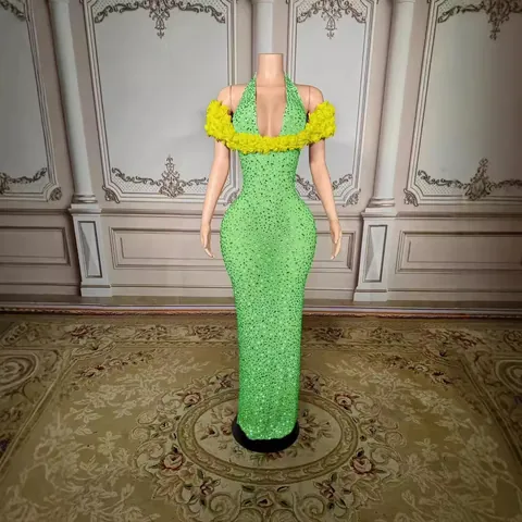 Women's Elegant Polyester Off-Shoulder Halter Neck Evening Dress Heavy Craft Rhinestone Bodycon Maxi Dress For Banquet Party